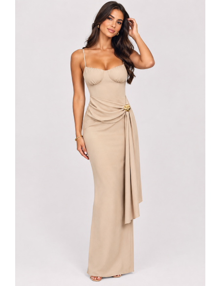 Robe Longue Drapée Beige Femme | Zerda
