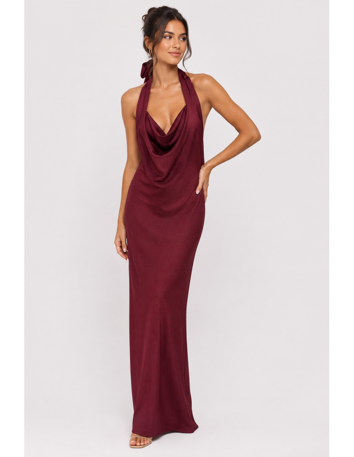 Robe Longue Col Pendant Bordeaux Femme | Zerda