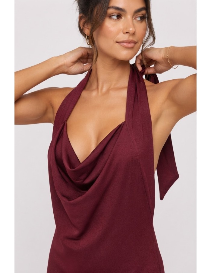 Robe Longue Col Pendant Bordeaux Femme | Zerda