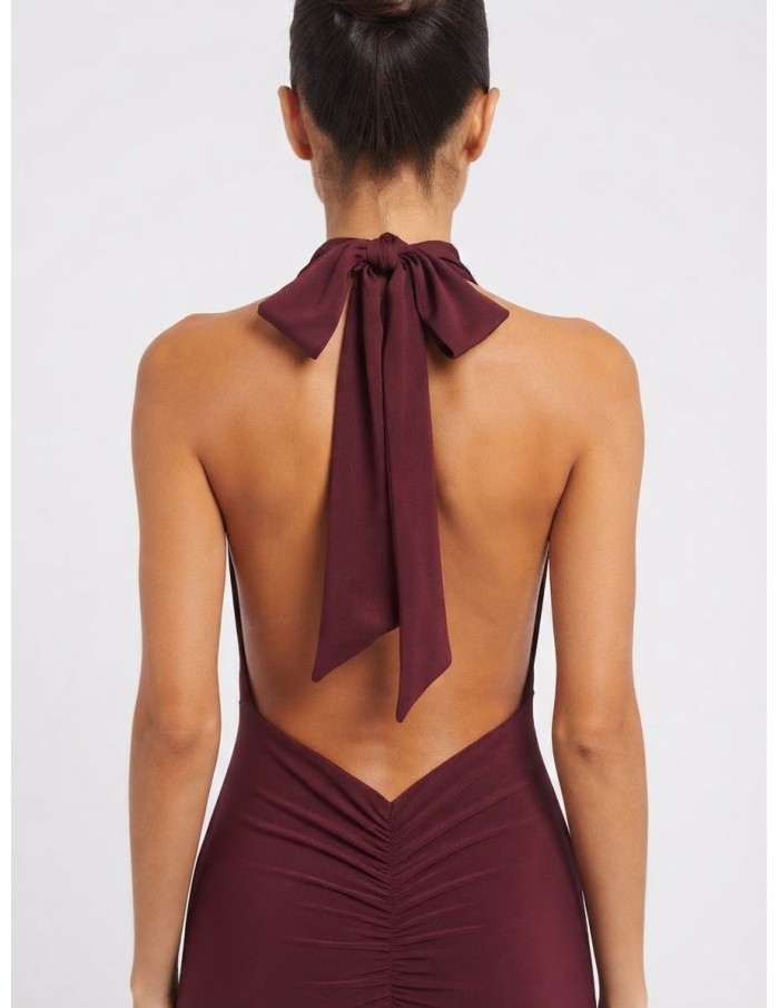Robe Longue Col Pendant Bordeaux Femme | Zerda