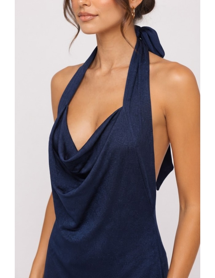 Robe Longue Col Pendant Bleu Marine Femme | Zerda