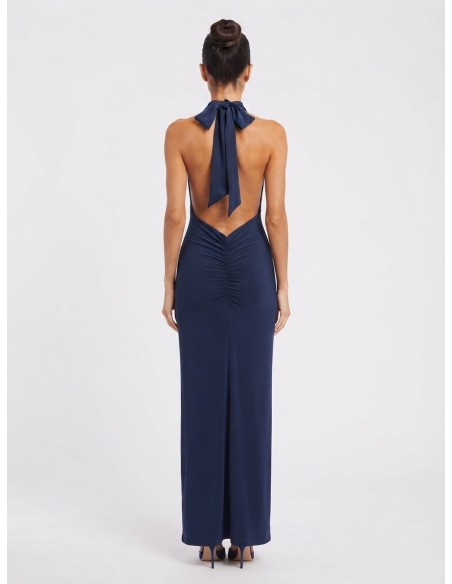 Robe Longue Col Pendant Bleu Marine Femme | Zerda