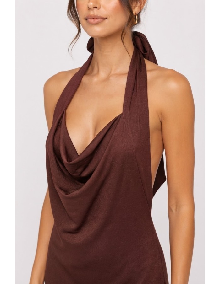 Robe Longue Col Pendant Chocolat Femme | Zerda