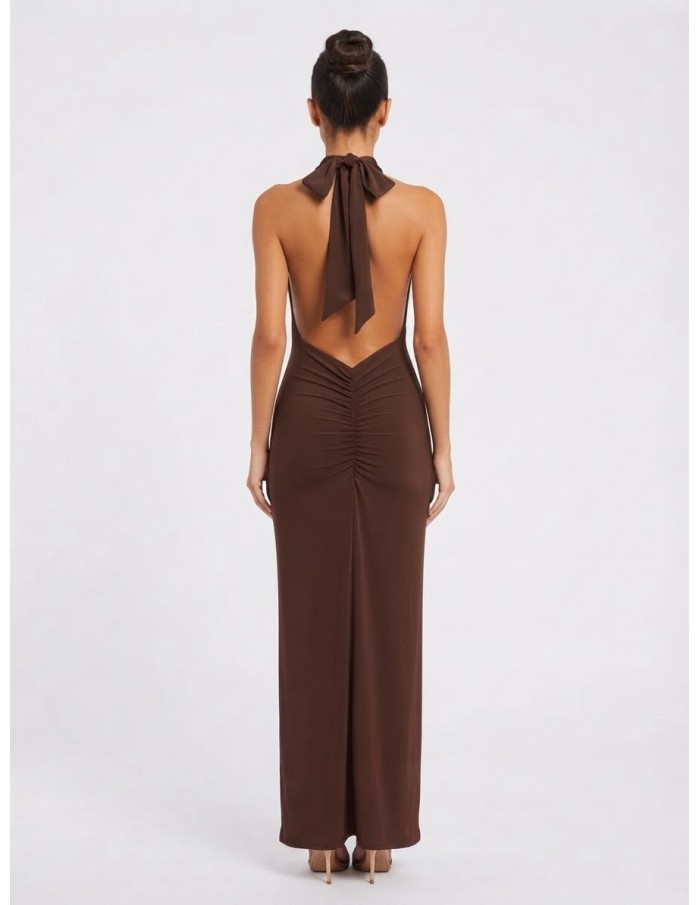 Robe Longue Col Pendant Chocolat Femme | Zerda