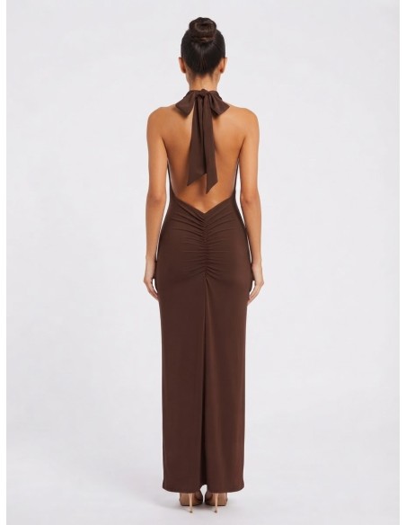 Robe Longue Col Pendant Chocolat Femme | Zerda