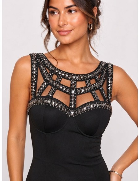 Robe Courte Noire Encolure Strass Femme | Zerda