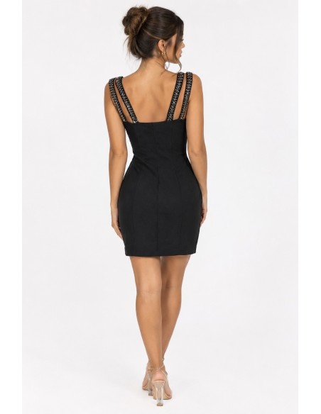 Robe Courte Noire Encolure Strass Femme | Zerda