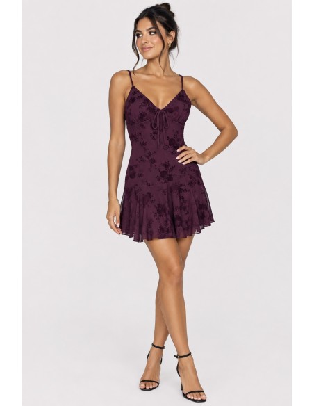 Robe Courte Fleurie Prune Femme Nœud | Zerda