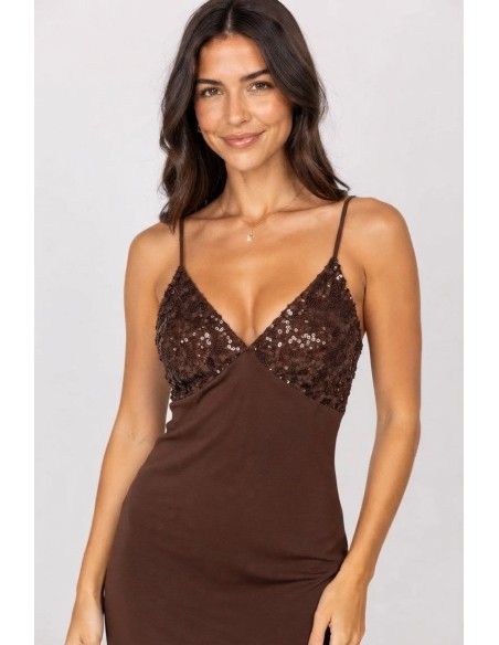 Robe Longue Bustier Sequins Chocolat Femme | Zerda