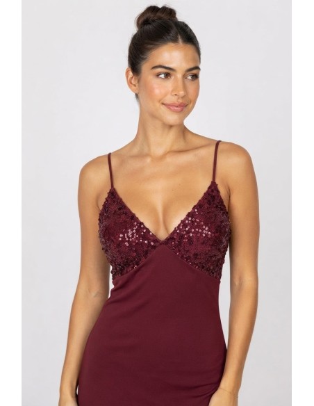 Robe Longue Bustier Sequins Bordeaux Femme | Zerda