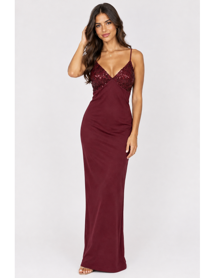 Robe Longue Bustier Sequins Bordeaux Femme | Zerda