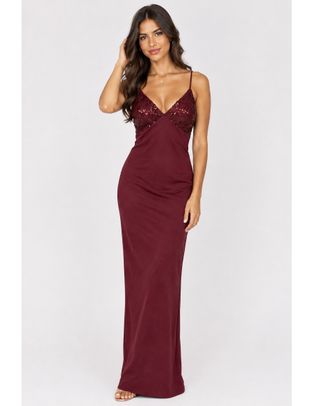 Robe Longue Bustier Sequins Bordeaux Femme | Zerda
