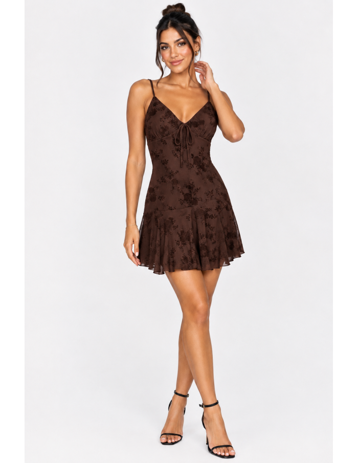 Robe Courte Fleurie Chocolat Femme Nœud | Zerda