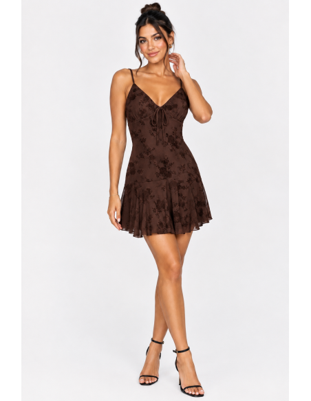 Robe Courte Fleurie Chocolat Femme Nœud | Zerda