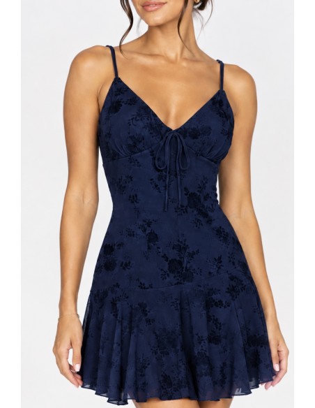 Robe Courte Fleurie Bleu Marine Femme Nœud | Zerda