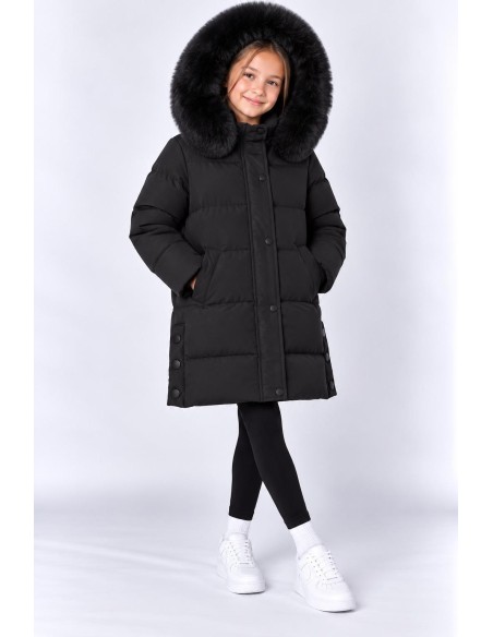 Doudoune Longue Capuche Fourrure Noire Fille | Zerda