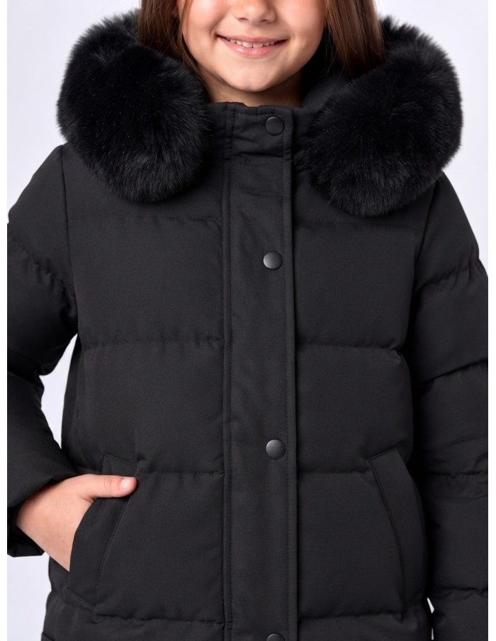 Doudoune Longue Capuche Fourrure Noire Fille | Zerda
