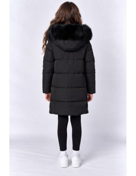 Doudoune Longue Capuche Fourrure Noire Fille | Zerda