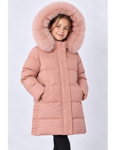 Doudoune Longue Capuche Fourrure Rose Fille | Zerda
