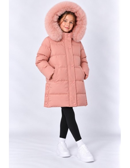 Doudoune Longue Capuche Fourrure Rose Fille | Zerda