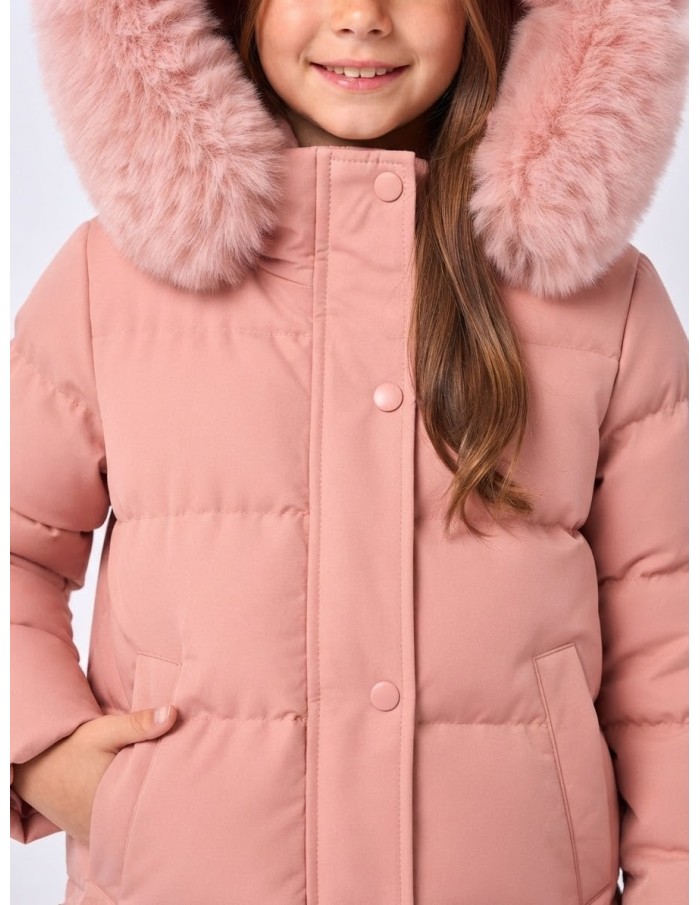 Doudoune Longue Capuche Fourrure Rose Fille | Zerda