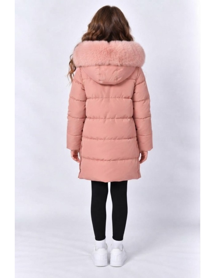Doudoune Longue Capuche Fourrure Rose Fille | Zerda