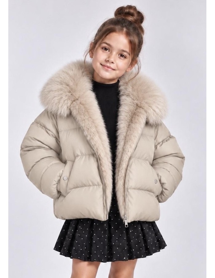 Doudoune Courte Fourrure Beige Fille | Zerda