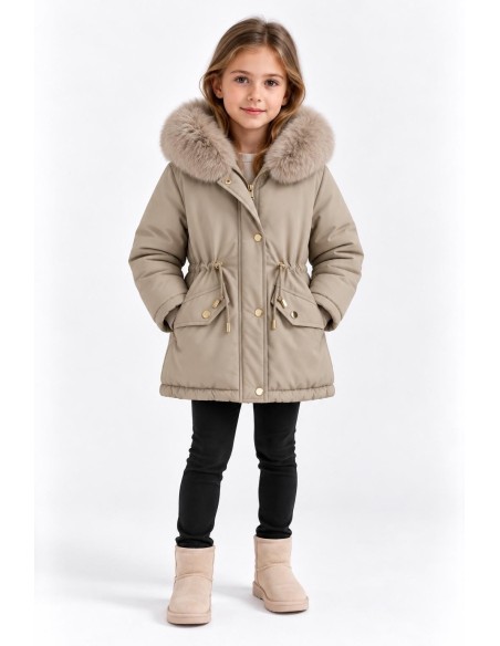 DOUDOUNE BEIGE CAPUCHE FOURRURE FILLE - 4 À 14 ANS