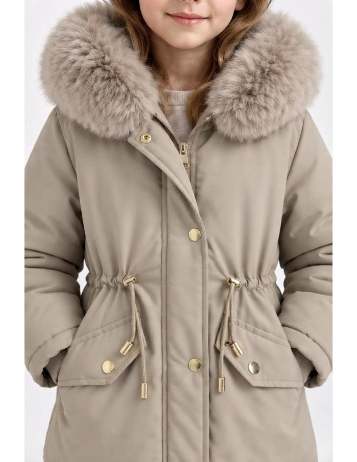 DOUDOUNE BEIGE CAPUCHE FOURRURE FILLE - 4 À 14 ANS