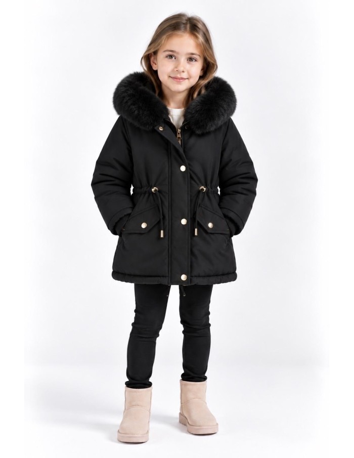 DOUDOUNE NOIRE CAPUCHE FOURRURE FILLE - 4 À 14 ANS