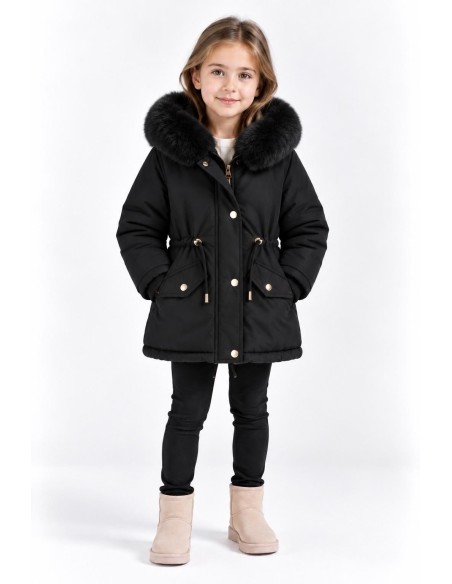 DOUDOUNE NOIRE CAPUCHE FOURRURE FILLE - 4 À 14 ANS