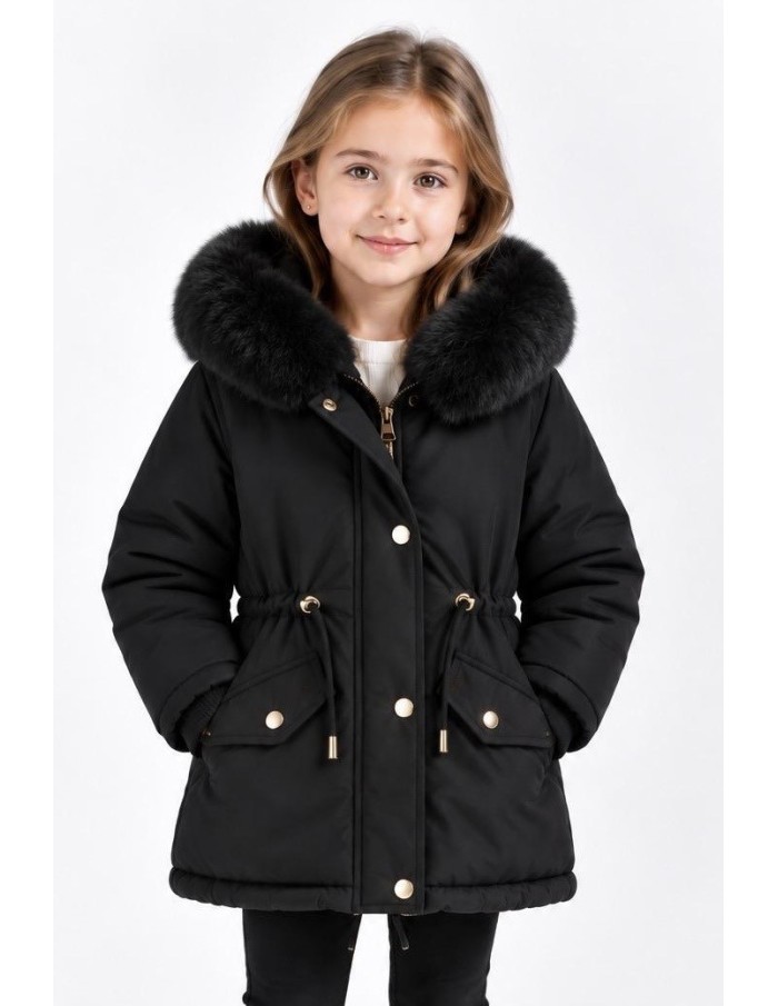 DOUDOUNE NOIRE CAPUCHE FOURRURE FILLE - 4 À 14 ANS