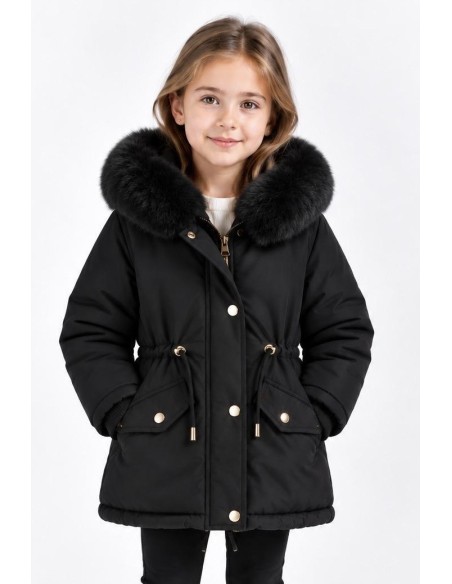 DOUDOUNE NOIRE CAPUCHE FOURRURE FILLE - 4 À 14 ANS