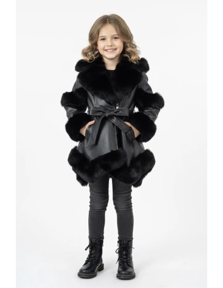 Parka Longue Similicuir Fourrure Noire Fille | Zerda