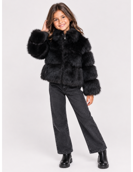 Veste Zippée Fourrure Noire Fille | Zerda
