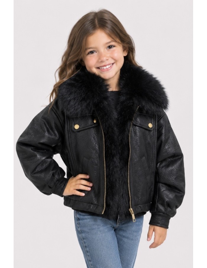Veste Bomber Similicuir Fourrure Noire Fille | Zerda