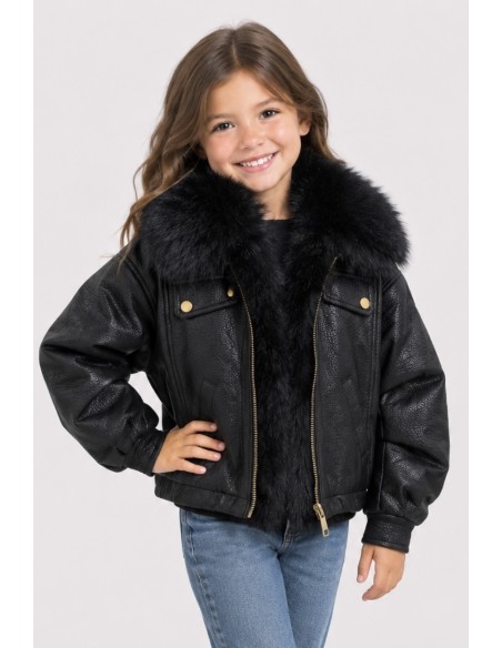Veste Bomber Similicuir Fourrure Noire Fille | Zerda