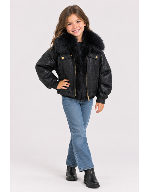 Veste Bomber Similicuir Fourrure Noire Fille | Zerda 2