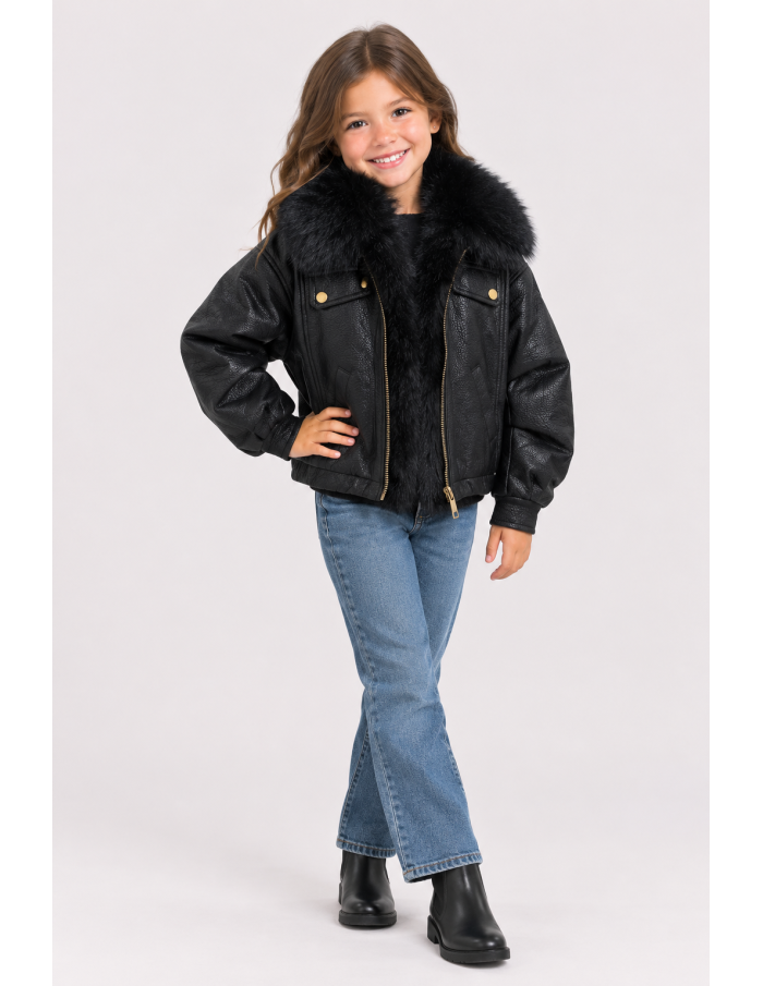 Veste Bomber Similicuir Fourrure Noire Fille | Zerda