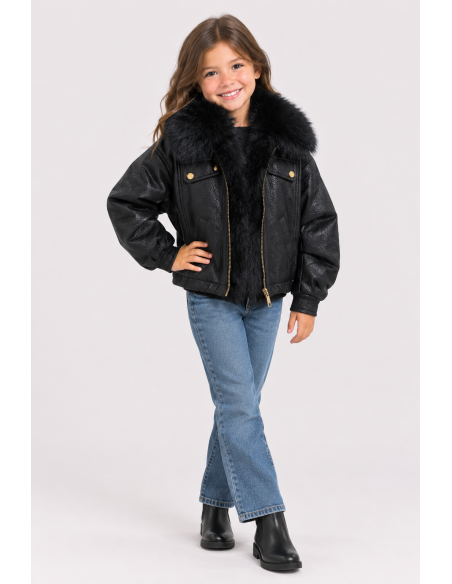 Veste Bomber Similicuir Fourrure Noire Fille | Zerda