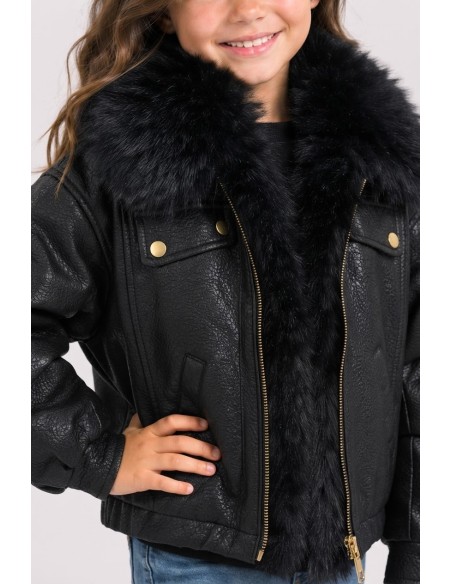 Veste Bomber Similicuir Fourrure Noire Fille | Zerda