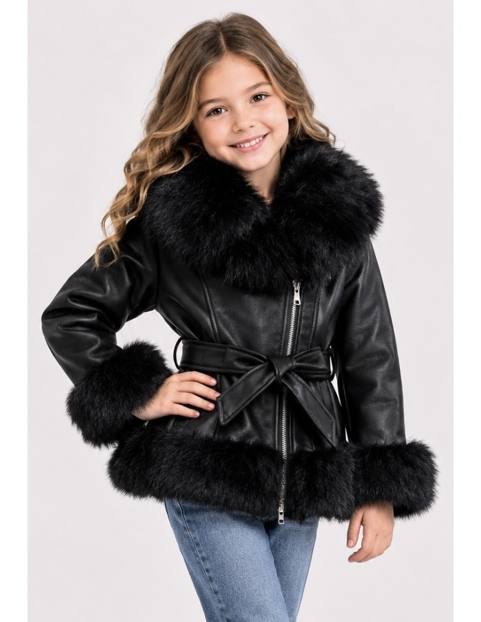 Parka Courte Similicuir Fourrure Noire Fille | Zerda