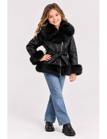 Parka Courte Similicuir Fourrure Noire Fille | Zerda