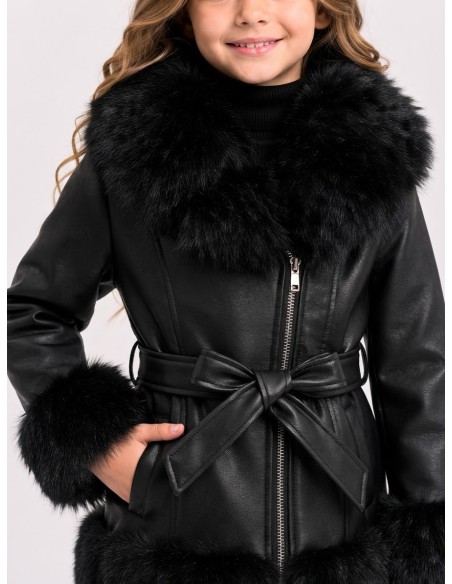 Parka Courte Similicuir Fourrure Noire Fille | Zerda