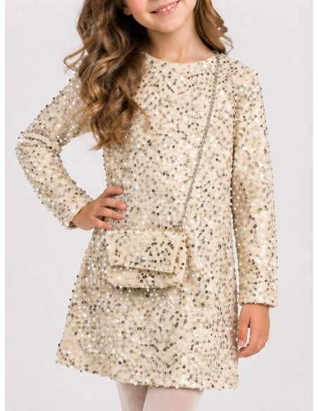 Robe Sequins Beige Sac Assorti Fille | Zerda