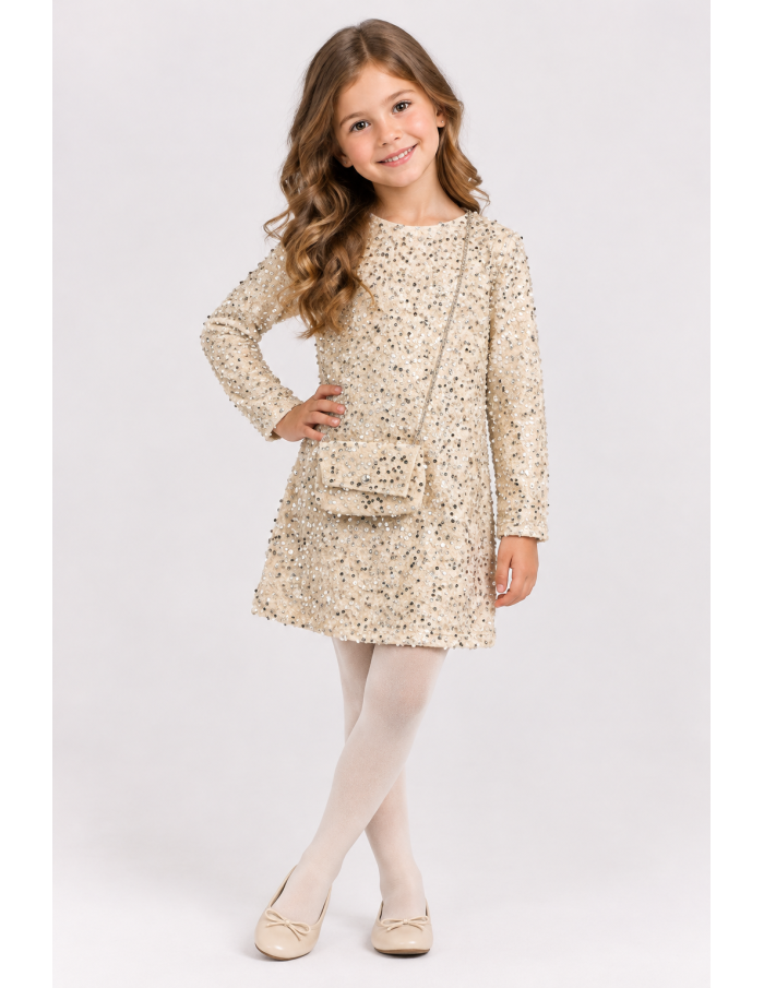 Robe Sequins Beige Sac Assorti Fille | Zerda