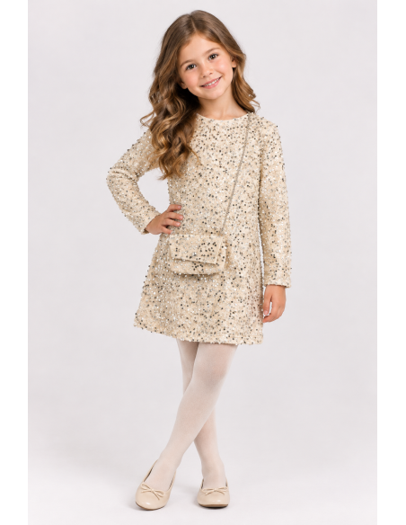 Robe Sequins Beige Sac Assorti Fille | Zerda