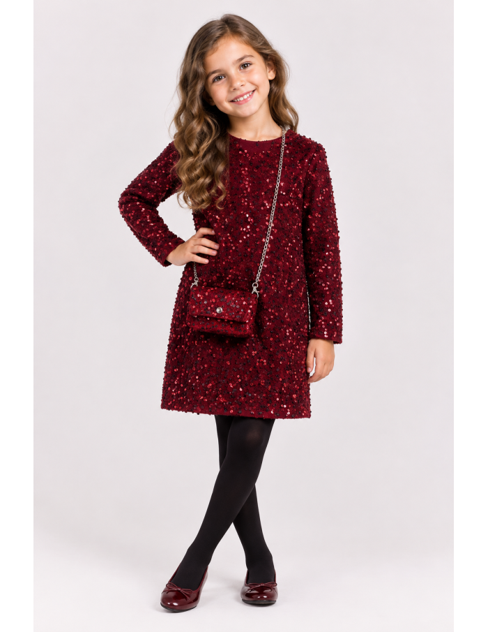 Robe Sequins Bordeaux Sac Assorti Fille | Zerda