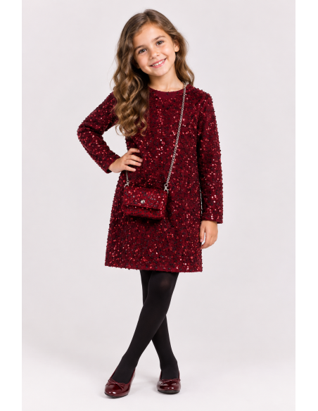 Robe Sequins Bordeaux Sac Assorti Fille | Zerda