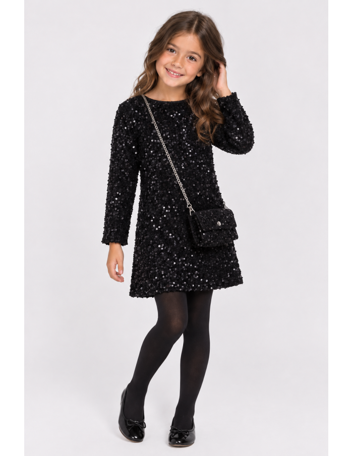 Robe Sequins Noire Sac Assorti Fille | Zerda